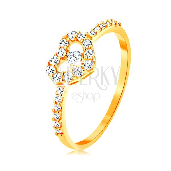 Zlatý prsteň 585 - zirkónové ramená, ligotavý číry obrys srdca so zirkónom