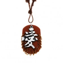 Kožený náhrdelník, prívesky - hnedý ovál s krúžkami a sivo-čierny čínsky znak