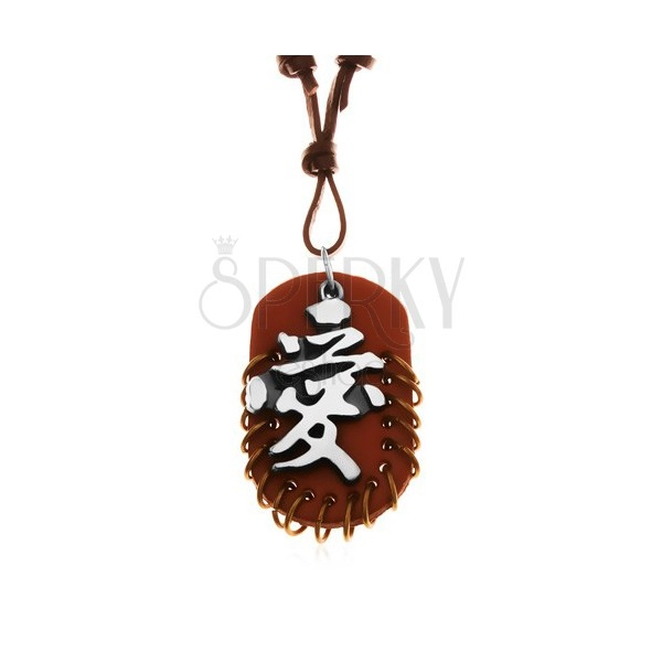 Kožený náhrdelník, prívesky - hnedý ovál s krúžkami a sivo-čierny čínsky znak