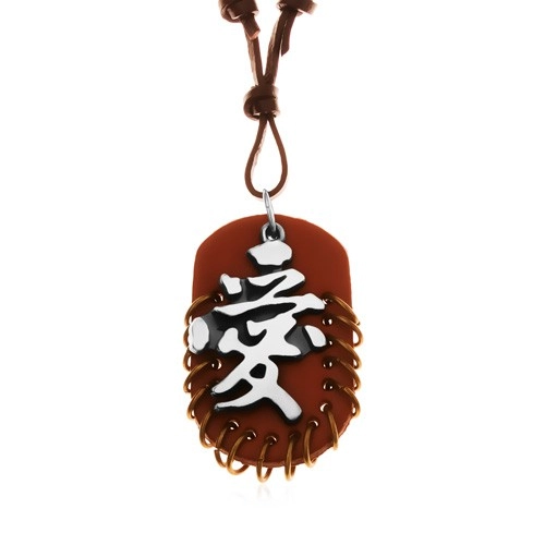 E-shop Šperky Eshop - Kožený náhrdelník, prívesky - hnedý ovál s krúžkami a sivo-čierny čínsky znak Y36.11