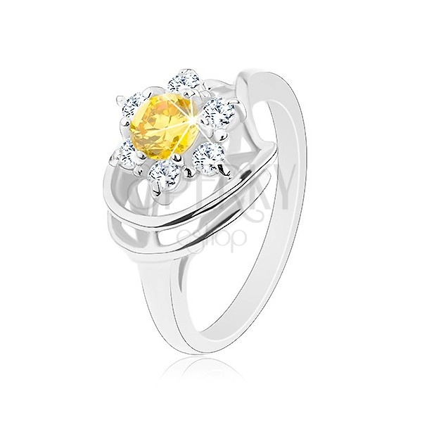 Lesklý prsteň v striebornom odtieni, žlto-číry zirkónový kvet, oblúčiky