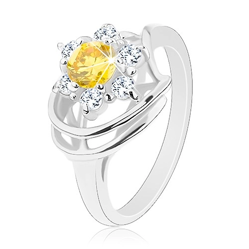 Lesklý prsteň v striebornom odtieni, žlto-číry zirkónový kvet, oblúčiky - Veľkosť: 50 mm