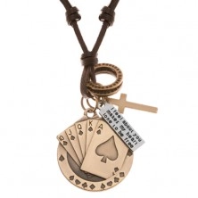 Nastaviteľný kožený náhrdelník, prívesky - piková postupka, kríž, známka