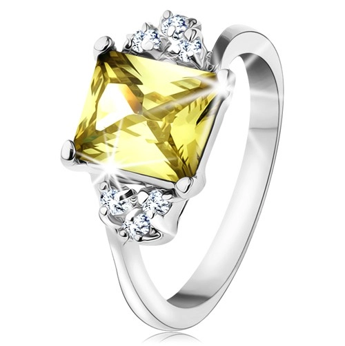 Prsteň v striebornom odtieni, obdĺžnikový zirkón v žltozelenej farbe - Veľkosť: 58 mm