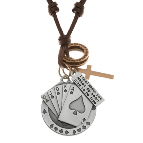 E-shop Šperky Eshop - Nastaviteľný kožený náhrdelník, prívesky - piková postupka, kríž, známka Y37.17