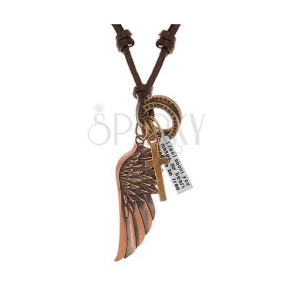 Nastaviteľný kožený náhrdelník, prívesky - anjelské krídlo, obruče, kríž a známka