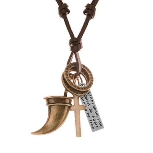 E-shop Šperky Eshop - Náhrdelník - šnúrka z umelej kože s príveskami, zvierací zub, kríž, známka a obruče Y40.02