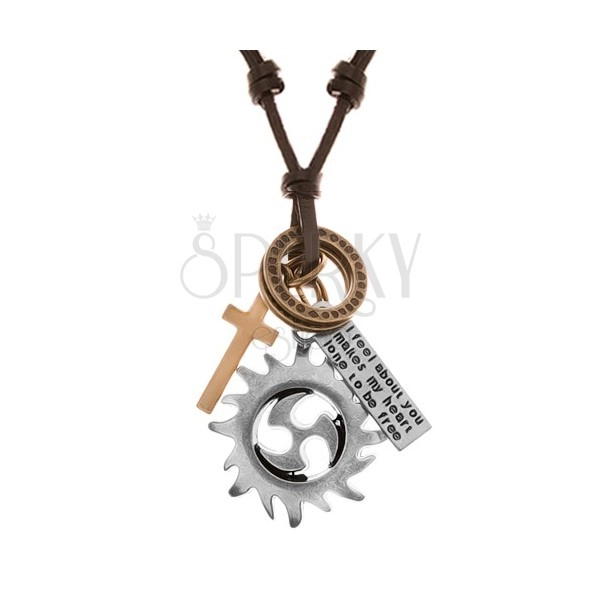 Nastaviteľný kožený náhrdelník, prívesky - kruh tribal, obruče, kríž a známka