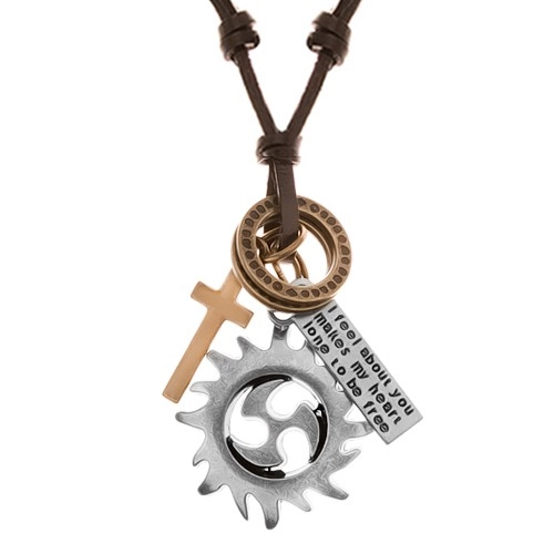 E-shop Šperky Eshop - Nastaviteľný kožený náhrdelník, prívesky - kruh tribal, obruče, kríž a známka Y40.15