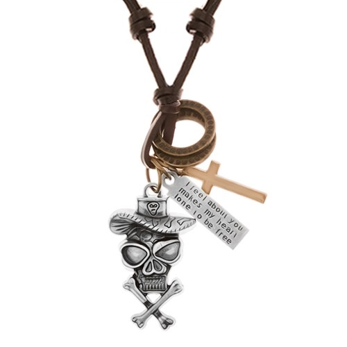 E-shop Šperky Eshop - Náhrdelník - šnúrka z umelej kože, lebka v klobúku, kríž, známka, obruče Y40.17
