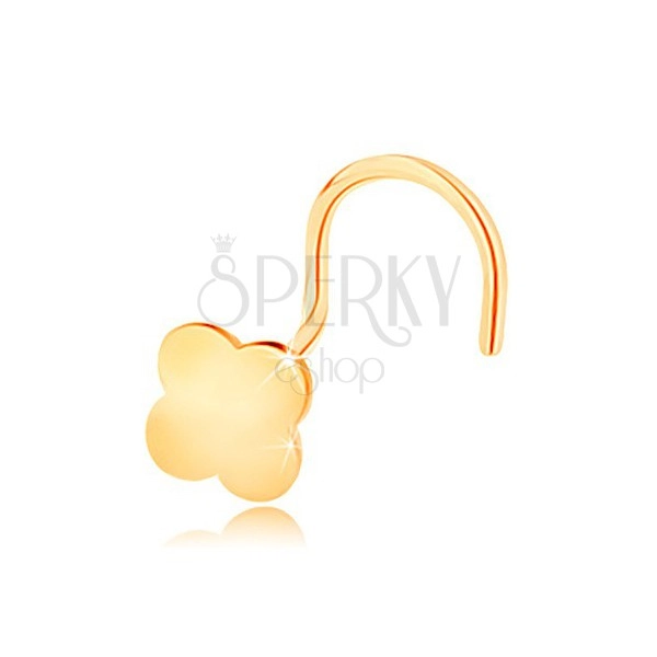 Zahnutý piercing do nosa v žltom 14K zlate - malý štvorlístok pre šťastie