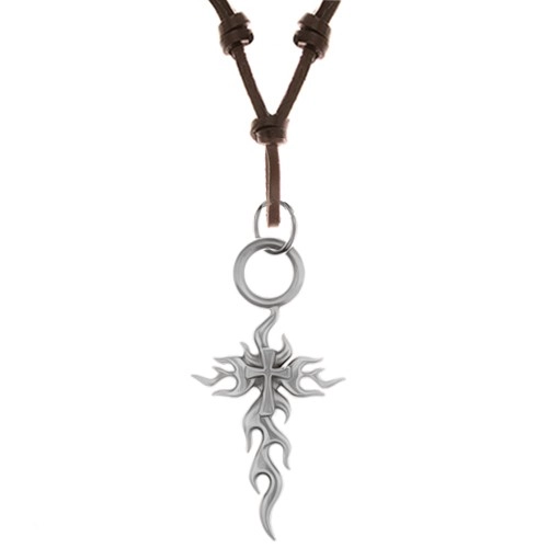 E-shop Šperky Eshop - Náhrdelník zo syntetickej kože s príveskom - veľký patinovaný kríž, tribal vzory Y41.15