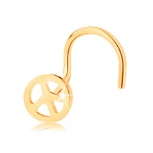 Zlatý piercing 585, zahnutý - okrúhly symbol mieru, lesklý povrch