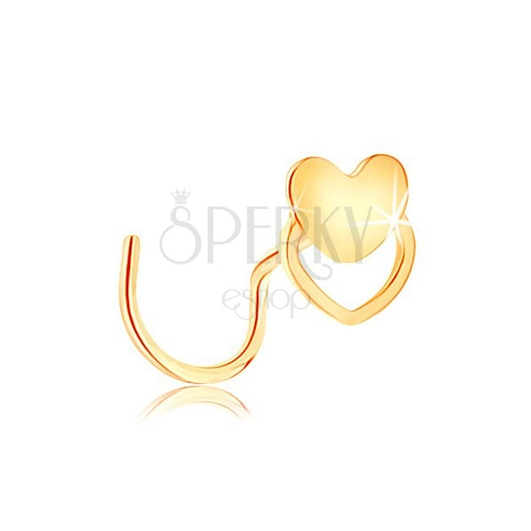 Zahnutý piercing do nosa zo žltého 14K zlata - srdiečko a obrys srdca