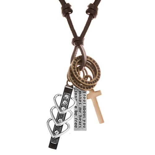 E-shop Šperky Eshop - Náhrdelník s príveskami - čierny pás so srdiečkami a zirkónmi, kríž, známka, obruče Y42.01