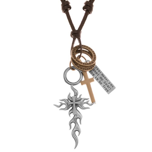 E-shop Šperky Eshop - Náhrdelník - šnúrka z umelej kože, veľký a malý kríž, známka, obruče Y42.16