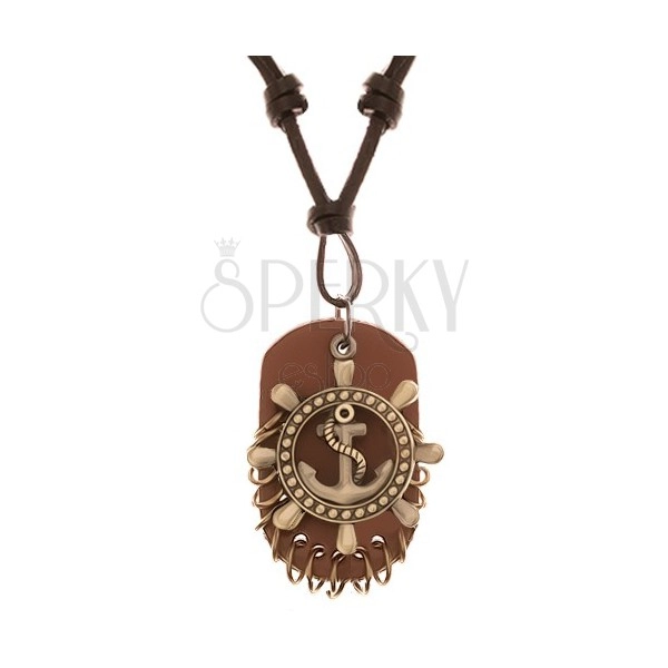 Nastaviteľný kožený náhrdelník - kormidlo s kotvou, známka z kože