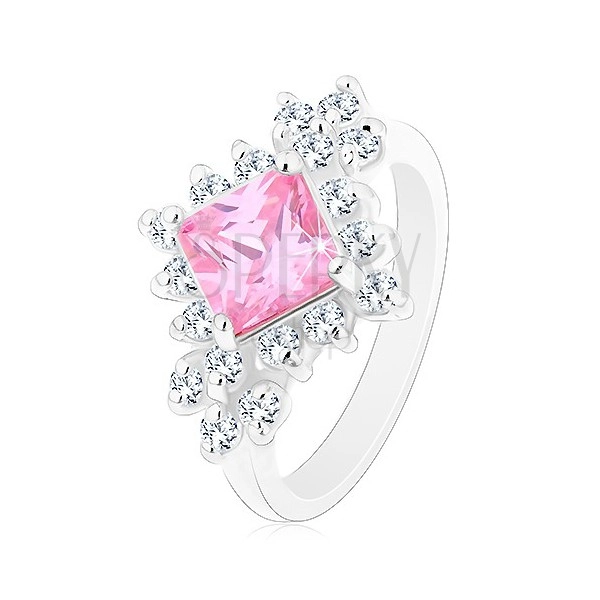 Ligotavý prsteň, ružový zirkónový štvorec lemovaný okrúhlymi čírymi zirkónmi