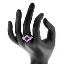 Ligotavý prsteň, fialový štvorec lemovaný okrúhlymi čírymi zirkónmi