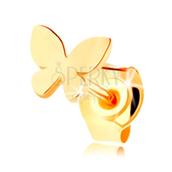 Zlatá 1-kusová náušnica 585, malý plochý motýlik s lesklým povrchom