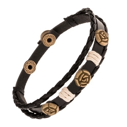 E-shop Šperky Eshop - Čierny náramok z troch pásov kože, patinované ruže, šnúrky Y46.10
