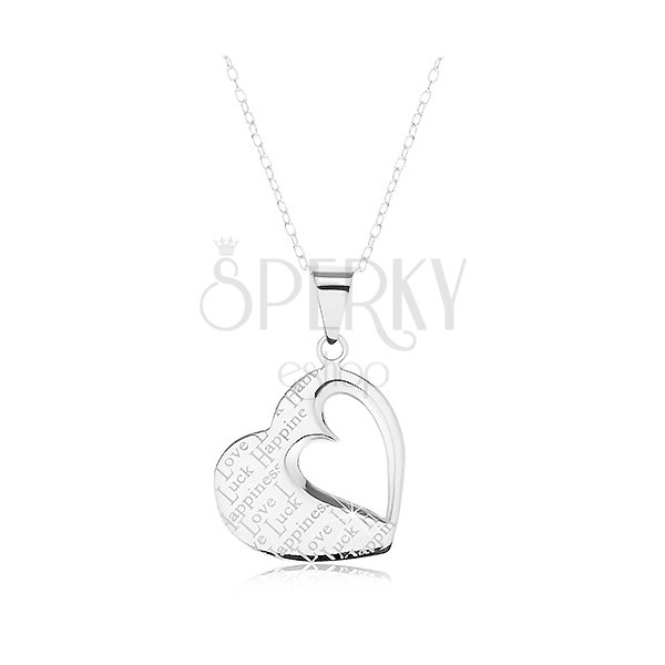 Strieborný náhrdelník 925, prívesok - ploché srdce s výrezom a nápismi