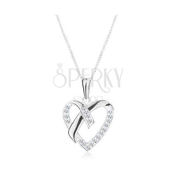 Strieborný náhrdelník 925, prívesok na retiazke, kontúra srdca, prekrížené línie