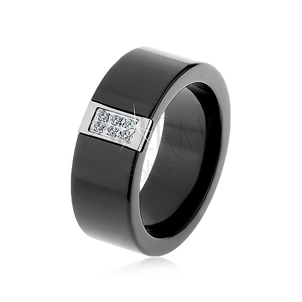 Čierny keramický prsteň s hladkým povrchom, oceľový obdĺžnik so zirkónmi
