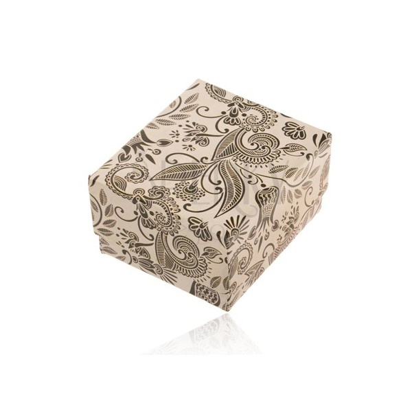 Béžovo-čierna darčeková krabička na prsteň alebo náušnice, motív kvetov
