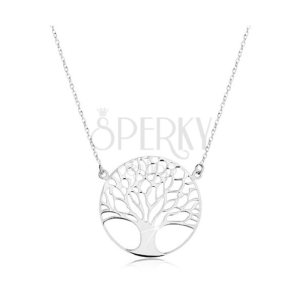 Strieborný 925 náhrdelník, retiazka s príveskom - lesklý strom života v kruhu