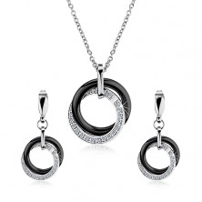 Set náhrdelníka a náušníc z ocele 316L, prepojené oceľové a keramické kruhy