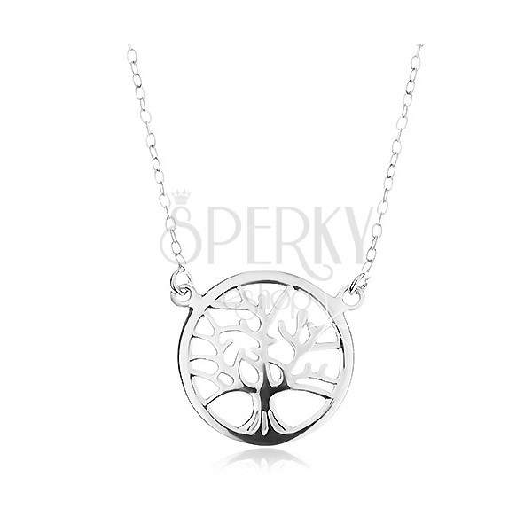 Strieborný náhrdelník 925, retiazka a prívesok - lesklý strom života v kruhu