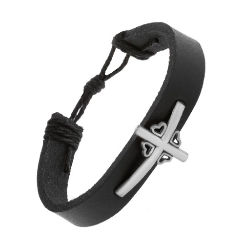 E-shop Šperky Eshop - Čierny náramok zo syntetickej kože, kríž so štyrmi obrysmi srdiečok Y48.18