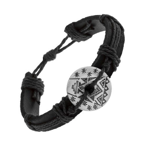 E-shop Šperky Eshop - Čierny náramok zo syntetickej kože a šnúrok, kruh s výrezom a vzormi Y02.05