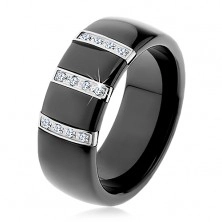 Čierny keramický prsteň s hladkým povrchom, tri oceľové pásy so zirkónmi