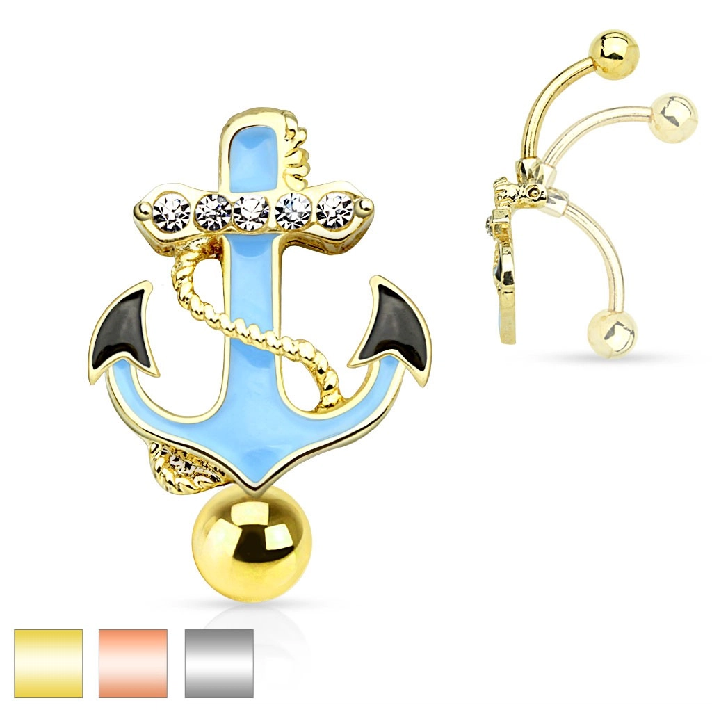 Piercing do bruška z ocele 316L, modrá kotva s lanom a čírymi zirkónmi - Farba piercing: Zlatá