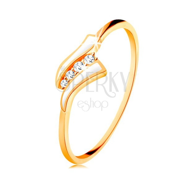 Zlatý prsteň 585 - dve biele vlnky, línia čírych zirkónov, lesklé ramená