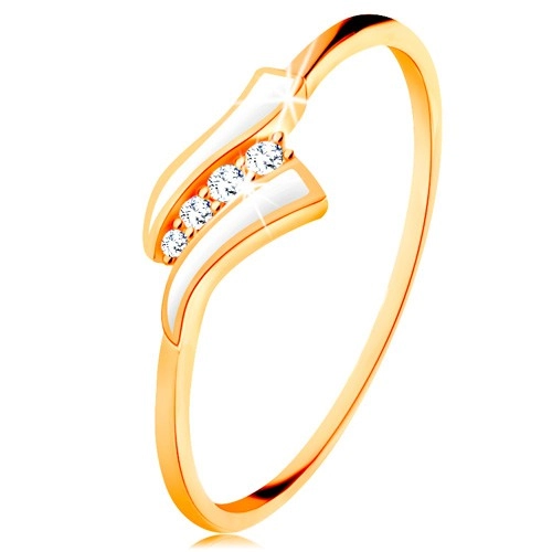 Zlatý prsteň 585 - dve biele vlnky, línia čírych zirkónov, lesklé ramená - Veľkosť: 54 mm