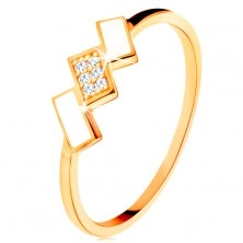 Zlatý prsteň 585 - šikmé obdĺžniky pokryté bielou glazúrou a zirkónmi
