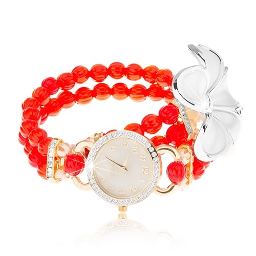 E-shop Šperky Eshop - Analógové hodinky, korálkový červený náramok, ciferník so zirkónmi, biely kvet Z02.05