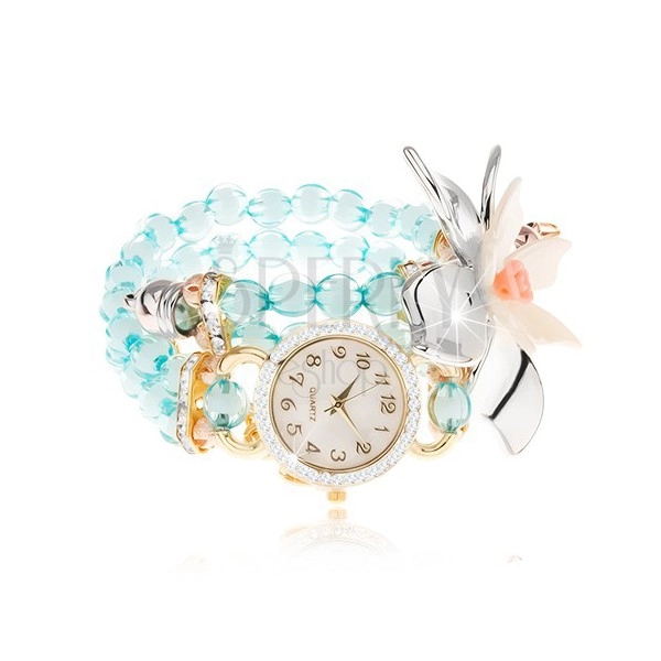 Náramkové hodinky z priehľadných modrých korálok, ciferník so zirkónmi, veľký kvet