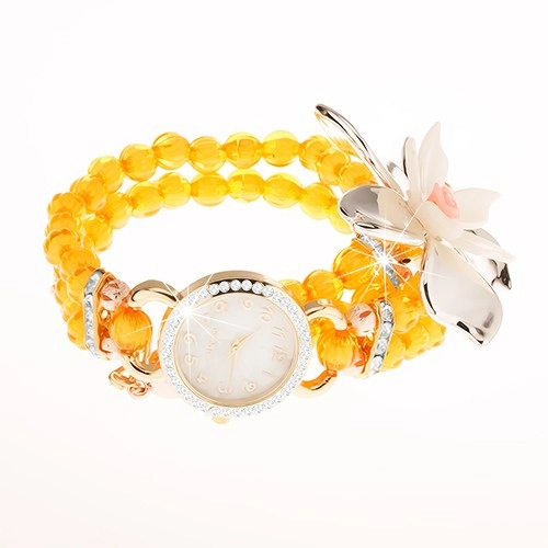 E-shop Šperky Eshop - Hodinky z priehľadných žltých korálok, ciferník so zirkónmi, veľký kvet Z19.03