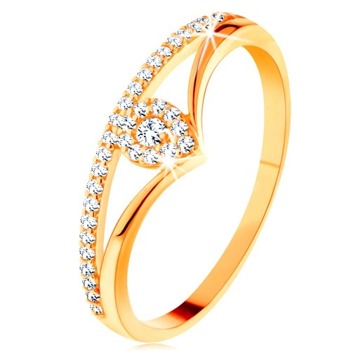 Zlatý prsteň 585 - rozdvojené zahnuté ramená, číra zirkónová kvapka - Veľkosť: 52 mm