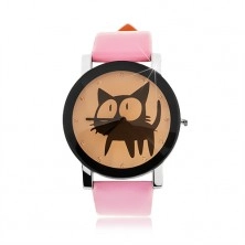 Analógové hodinky - veľký ciferník s čiernou mačičkou a zirkónmi, ružový náramok