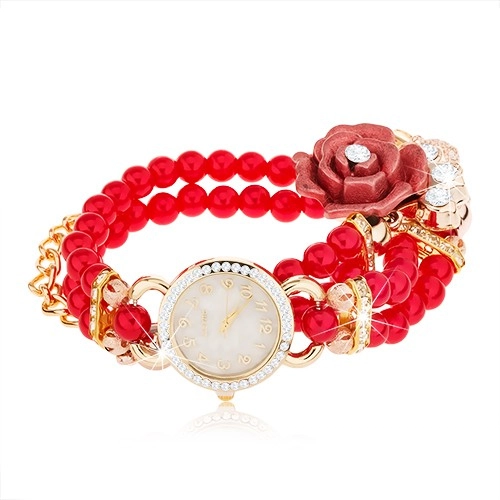 E-shop Šperky Eshop - Analógové hodinky, korálkový červený náramok, ciferník so zirkónmi, ruža Z04.16