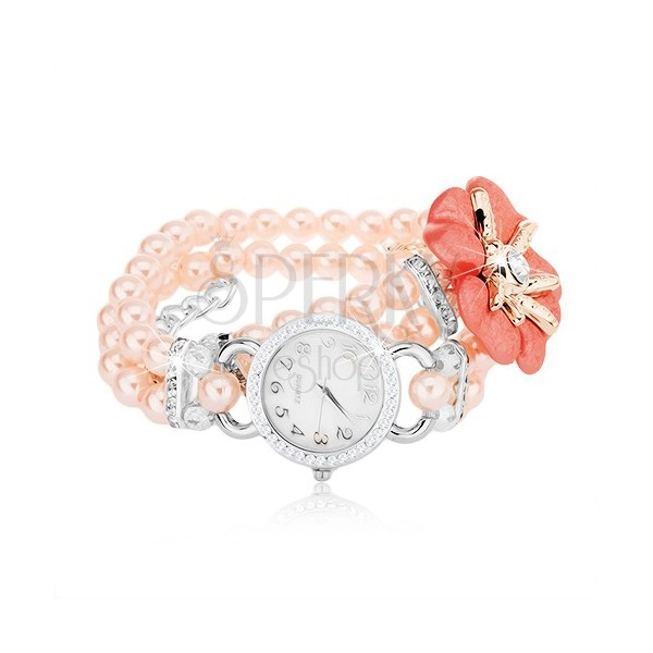 Náramkové hodinky, ciferník so zirkónmi, korálkový ružový náramok, kvet