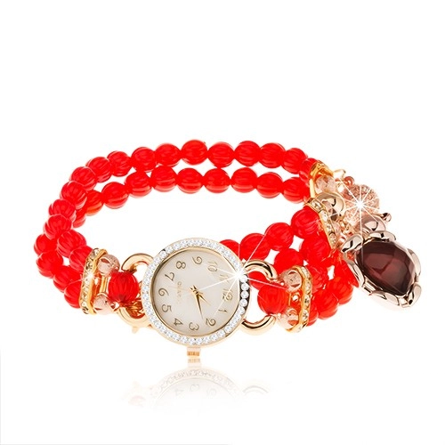 E-shop Šperky Eshop - Náramkové hodinky, korálkový červený náramok, srdiečko, ciferník so zirkónmi Z19.05