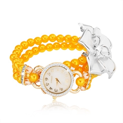 E-shop Šperky Eshop - Hodinky so žltým korálkovým náramkom, biely kvet, ciferník so zirkónmi Z09.02