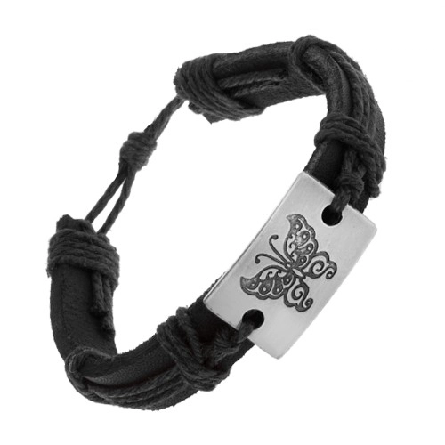 E-shop Šperky Eshop - Čierny náramok zo syntetickej kože a šnúrok, veľký obdĺžnik s motýľom Z09.16