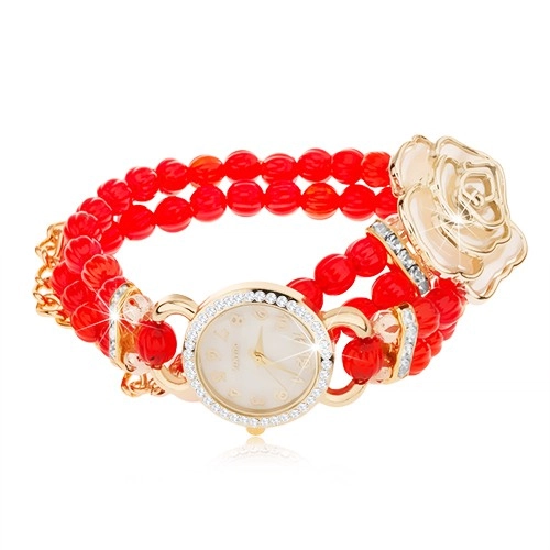 E-shop Šperky Eshop - Analógové hodinky, korálkový červený náramok, ciferník so zirkónmi, biela ruža Z10.01